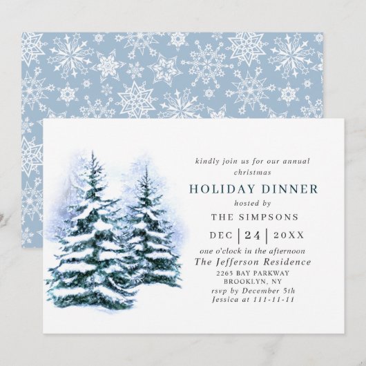 Invitation Aquarelle Pine Tree Chic Noël VACANCES DÎNER (Devant / Derrière)