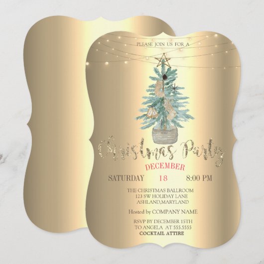 Invitation Aquarelle Pine Tree, Gold Christmas Company Party (Devant / Derrière)