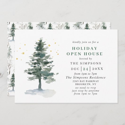 Invitation Aquarelle Pine Tree Noël Holiday Open House (Devant / Derrière)