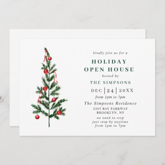 Invitation Aquarelle Pine Tree Noël Holiday Open House (Devant / Derrière)