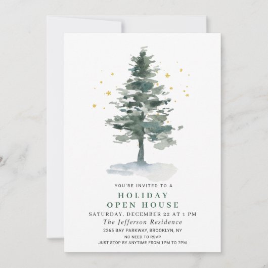 Invitation Aquarelle Pine Tree Noël Holiday Open House (Devant)