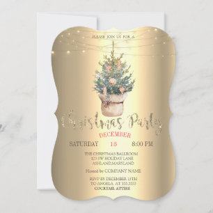 Invitation Aquarelle Pine Tree, Ornements Gold Noël