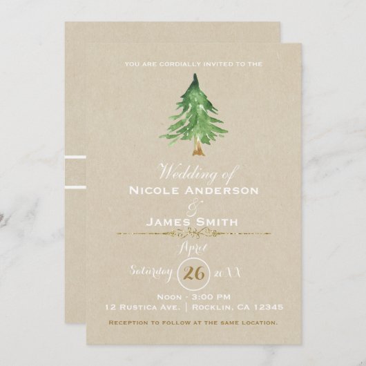 Invitation Aquarelle Pine Tree Rustique Kraft Mariage (Devant / Derrière)