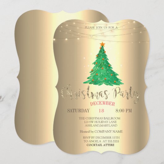 Invitation Aquarelle Pine Tree, Soirée de Noël Or (Devant / Derrière)