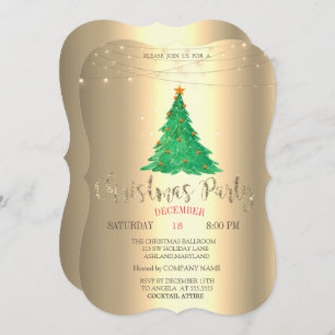 Invitation Aquarelle Pine Tree, Soirée de Noël Or