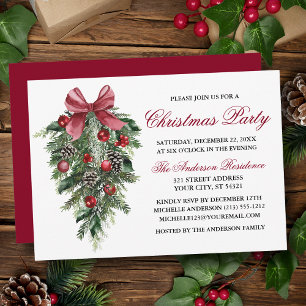 Invitation Aquarelle Pines Berries Bow Red Christmas Party