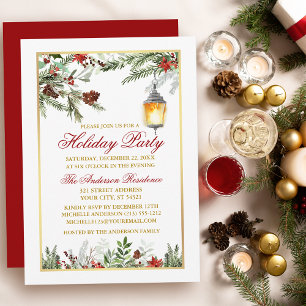 Invitation Aquarelle Pines Poinsettia Fête Gold