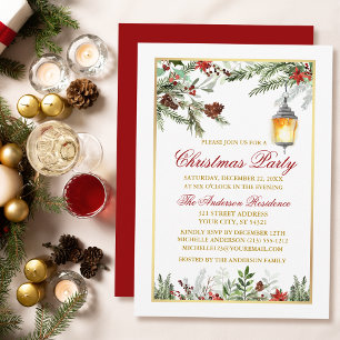 Invitation Aquarelle Pines Poinsettia Noël Party Gold