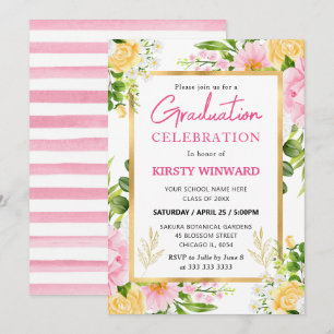 Invitation Aquarelle Pink and Yellow Flowers Graduation