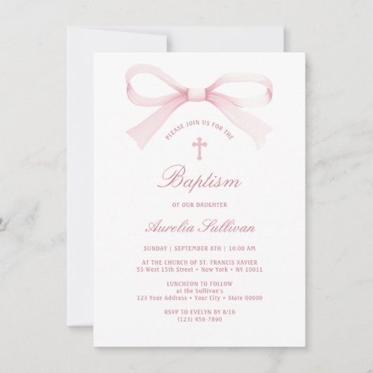 Invitation Aquarelle Pink Bow Baptism (Devant)