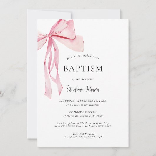 Invitation Aquarelle Pink Bow Baptism (Devant)