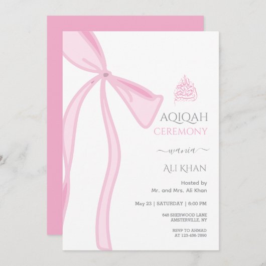 Invitation Aquarelle Pink Bow bébé fille Aqiqah (Devant / Derrière)