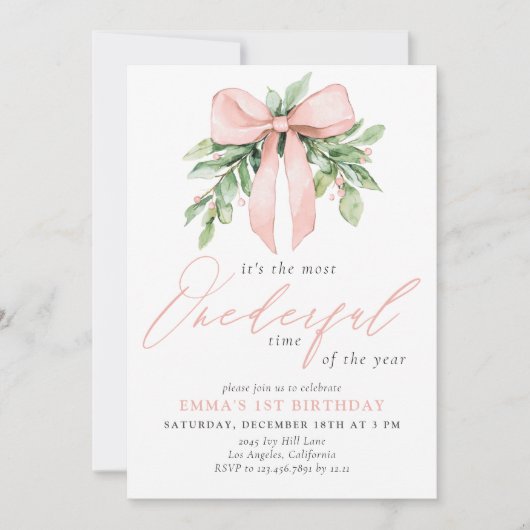Invitation Aquarelle Pink Bow Noël Anniversaire (Devant)