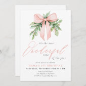 Invitation Aquarelle Pink Bow Noël Anniversaire (Devant / Derrière)