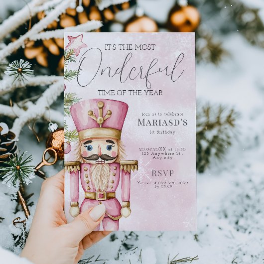 Invitation aquarelle Pink Christmas Nutcracker 1er anniversai