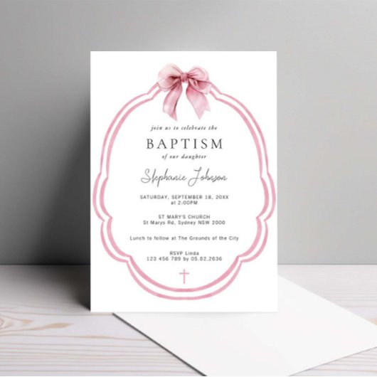 Invitation Aquarelle Pink Dainty Bow Ribbon Baptême