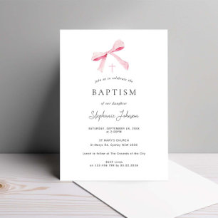 Invitation Aquarelle Pink Dainty Bow Ribbon Baptême