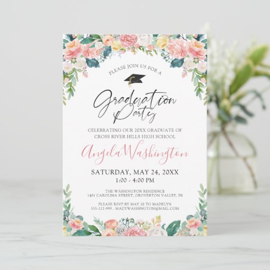 Invitation Aquarelle Pink Floral Script (Debout devant)