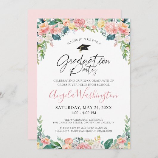 Invitation Aquarelle Pink Floral Script (Devant / Derrière)