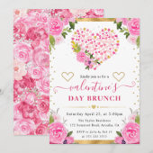 Invitation Aquarelle Pink & Gold Hearts Fleurs Valentine's (Devant / Derrière)