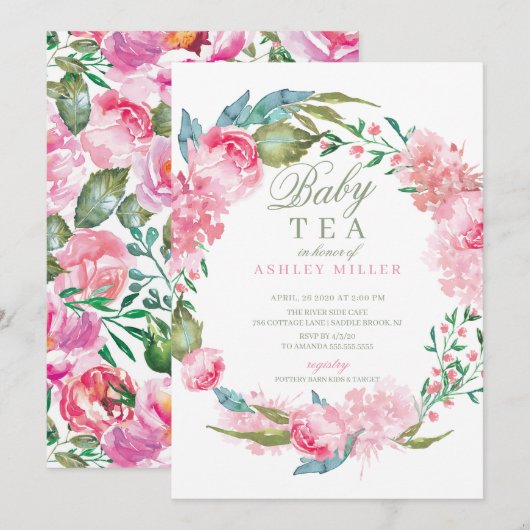 Invitation Aquarelle Pink Peonies Baby shower Thé (Devant / Derrière)