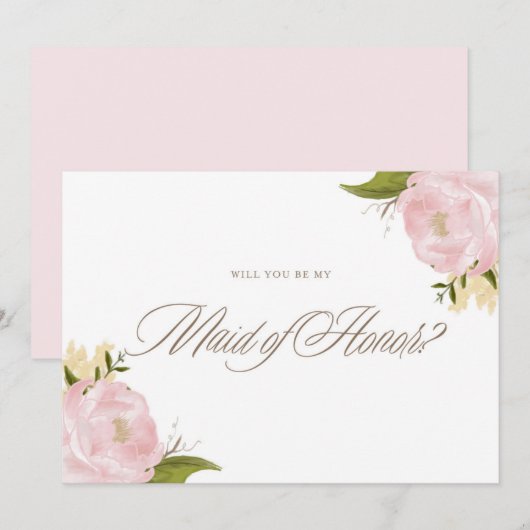Invitation Aquarelle Pink Peonies Be My Maid of Honor Card (Devant / Derrière)