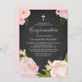 Invitation Aquarelle Pink Peonies Chalkboard Confirmation (Devant / Derrière)