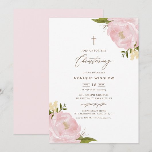 Invitation Aquarelle Pink Peonies Christening (Devant / Derrière)
