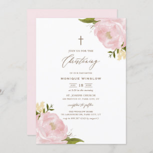 Invitation Aquarelle Pink Peonies Christening