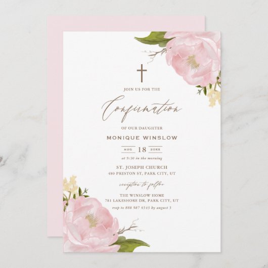 Invitation Aquarelle Pink Peonies Confirmation (Devant / Derrière)