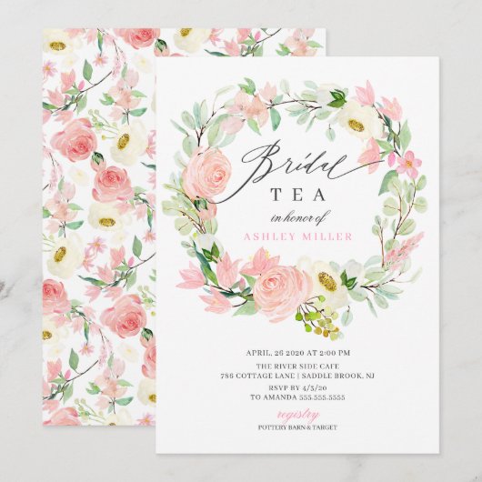 Invitation Aquarelle Pink Peonies Floral Fête des mariées Thé (Devant / Derrière)
