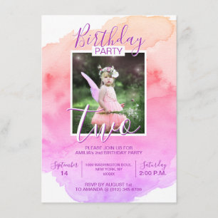Invitation Aquarelle Pink Purple Girl ANNIVERSAIRE 2e DEUX AN