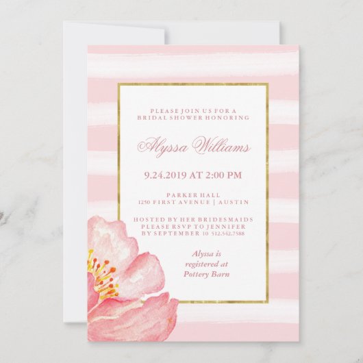 Invitation Aquarelle Pink Stripes et Peony Fête des mariées (Devant)