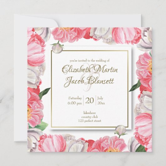 Invitation Aquarelle Pink & White Peonies Mariage Floral (Devant)