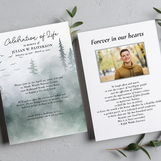 Invitation Aquarelle Pins des bois Célébration de la vie