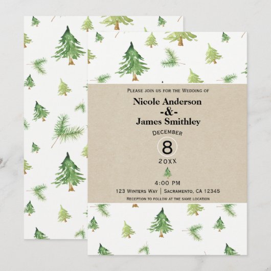Invitation Aquarelle Pins Kraft & Blanc Mariage Rustique (Devant / Derrière)