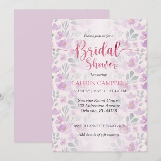 Invitation aquarelle pivoine rose et violette (Devant / Derrière)