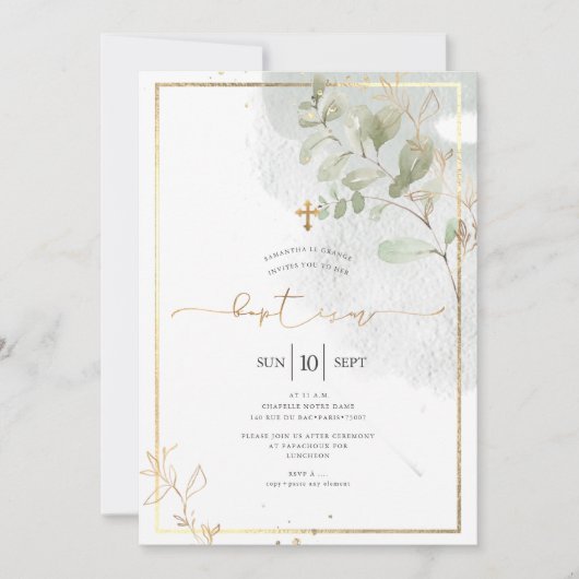 Invitation Aquarelle PixDezine Baptême d'or vert (Devant)