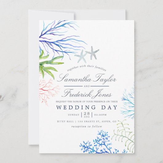 Invitation Aquarelle Plage d'algues Mariage à thème (Devant)