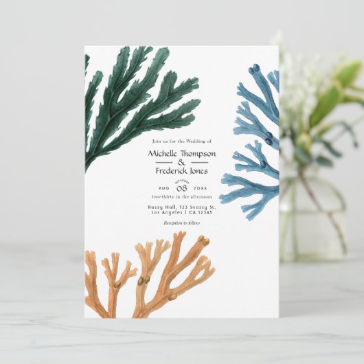 Invitation Aquarelle Plage d'algues Mariage à thème (Debout devant)