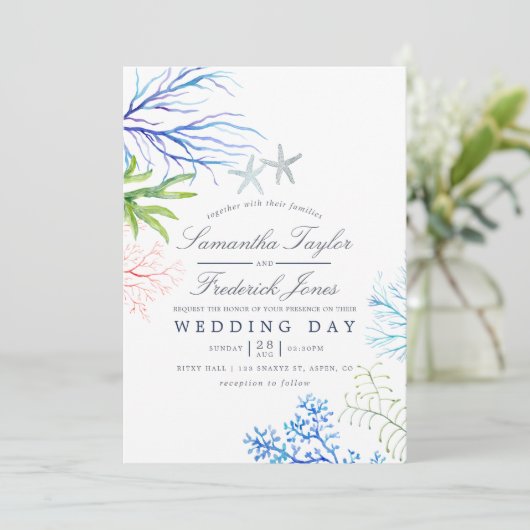 Invitation Aquarelle Plage d'algues Mariage à thème (Debout devant)