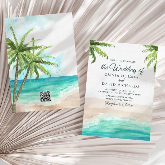 Invitation Aquarelle Plage Tropicale avec Code QR Mariage
