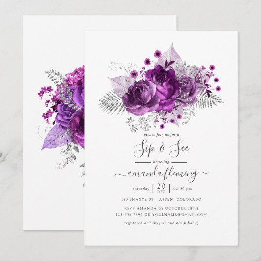 Invitation Aquarelle Plum et argent Sip floral et voir (Devant / Derrière)