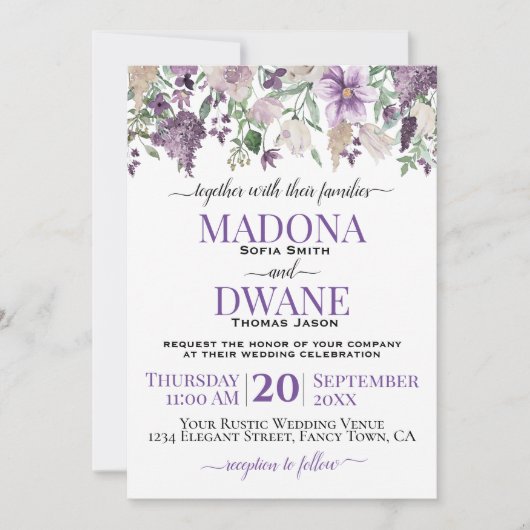 Invitation Aquarelle Plum et Fleurs Lilac (Devant)