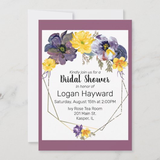 Invitation Aquarelle Plum Gris Jaune Floral Or Frame (Devant)