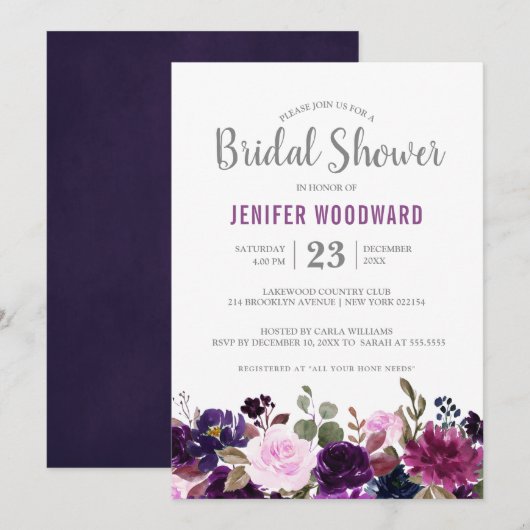 Invitation Aquarelle Plum violet Floral Boho Fête des mariées (Devant / Derrière)