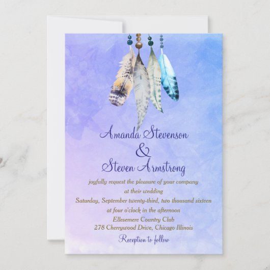 Invitation Aquarelle plumes sur bleu violet Mariage (Devant)