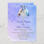 Invitation Aquarelle plumes sur bleu violet Mariage (Devant / Derrière)