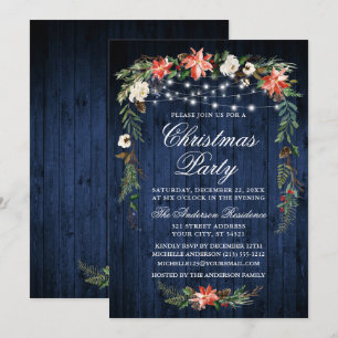Invitation Aquarelle Poinsettia Bleu Bois Lumières Noël