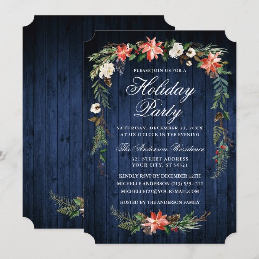 Invitation Aquarelle Poinsettia Blue Wood (Devant / Derrière)